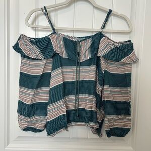 Chic Striped Off-Shoulder Blouse in Teal and Pink